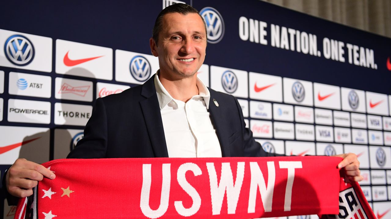 Vlatko Andonovski poses for a portrait at a press conference where he was introduced as the USWNT's head coach.