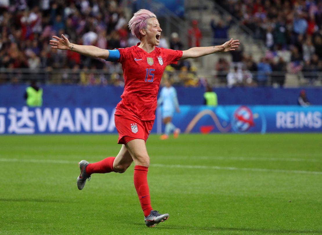 US captain Megan Rapinoe celebrates  scoring her team's ninth goal against Thailand in the World Cup.