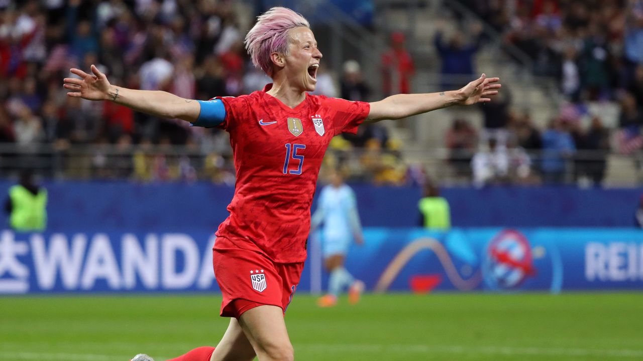 US captain Megan Rapinoe celebrates  scoring her team's ninth goal against Thailand in the World Cup.