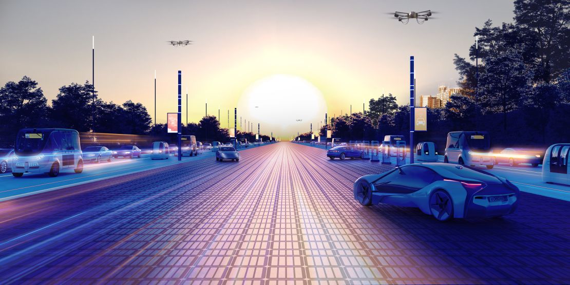 MIT Senseable City Lab visualization of a Paris freeway redesigned for autonomous electric vehicles with built-in solar panels.