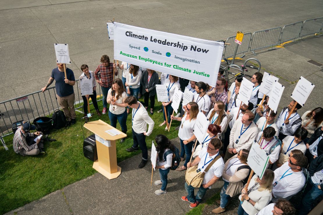 Amazon Employees for Climate Justice demonstrated outside of Amazon's annual shareholder meeting in Seattle in May 2019. (Jovelle Tamayo for CNN)