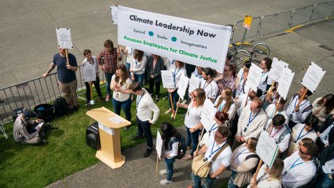 Amazon Employees for Climate Justice demonstrated outside of Amazon's annual shareholder meeting in Seattle in May 2019. (Jovelle Tamayo for CNN)