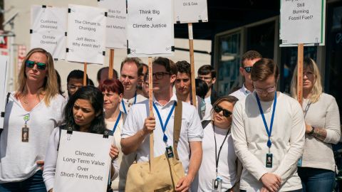After Amazon employees demonstrated in favor of a a shareholder proposal related to climate change, Bezos announced a pledge to make Amazon carbon neutral by 2040. (Jovelle Tamayo for CNN)