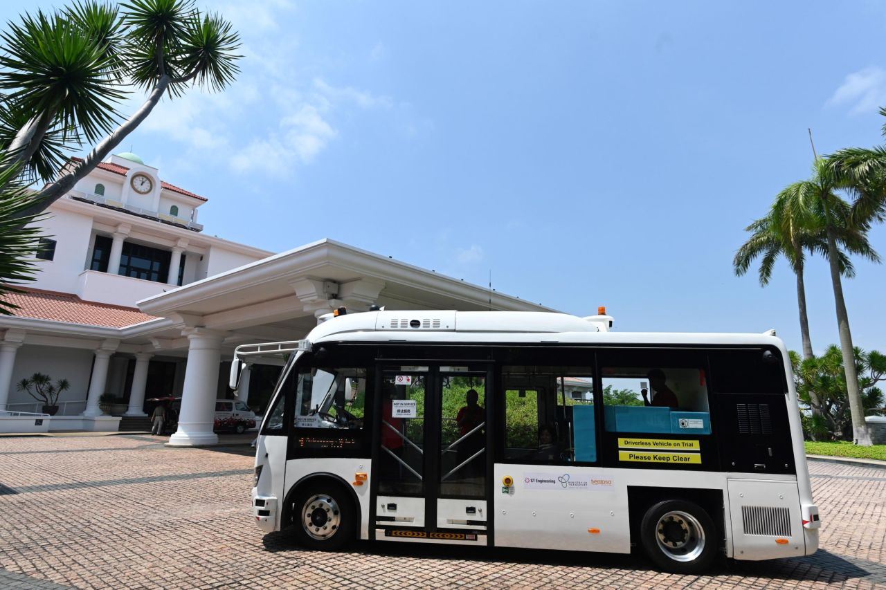 An on-demand autonomous shuttle bus is seen during the official launch of a public trial run at Sentosa island resort in Singapore.