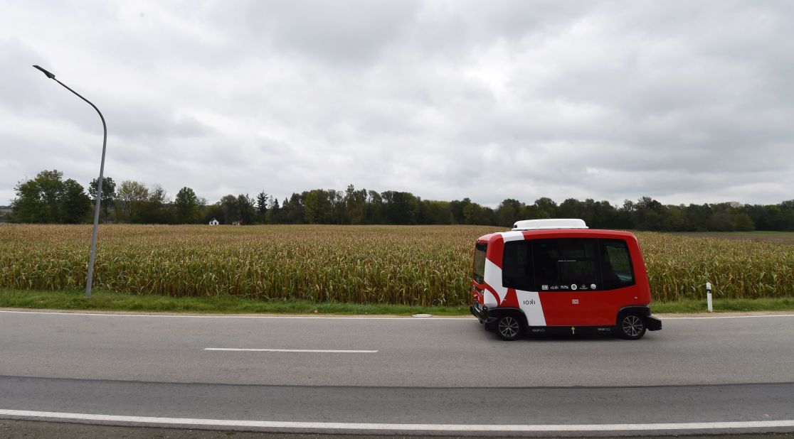 The first German autonomous driving public transport bus drives on a country road that is part of its new route near to the train station of Bad Birnbach, southern Germany.<br />The self-driving public transport bus will bring passengers now from the train station to the town centre of Bad Birnbach, and back.