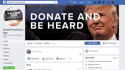 The fake page which Facebook removed after CNN contacted the company 