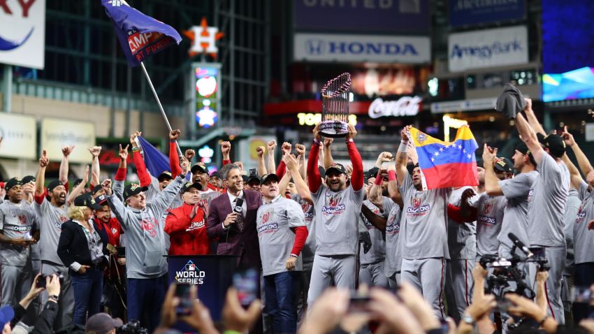 HOUSTON, TEXAS - OCTOBER 30: The Washington Nationals celebrate after defeating the Houston Astros in Game Seven to win the 2019 World Series at Minute Maid Park on October 30, 2019 in Houston, Texas. The Washington Nationals defeated the Houston Astros with a score of 6 to 2. (Photo by Mike Ehrmann/Getty Images)