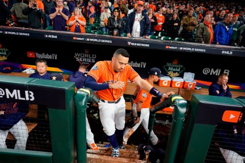 Houston shortstop Carlos Correa reacts in the dugout after the loss.