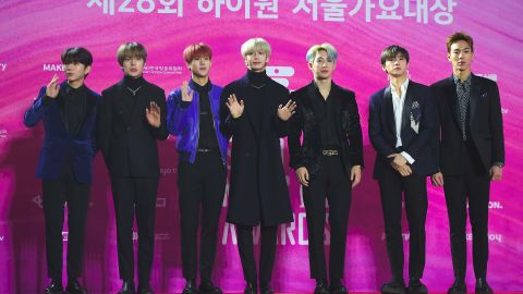 South Korean boy band Monsta X pose on the red carpet at the 28th Seoul Music Awards in Seoul on January 15, 2019. 