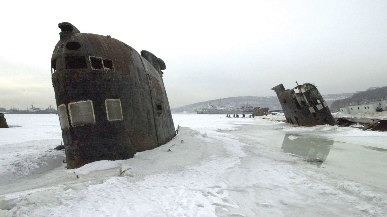 Wrecked Submarines trapped in the ice off Vladivostok, Russia.