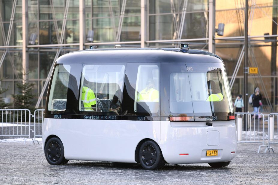 The "Gacha", a self-driving shuttle bus for all weather conditions, is presented to the public in Helsinki, Finland - the product of a collaboration between MUJI and Sensible 4.