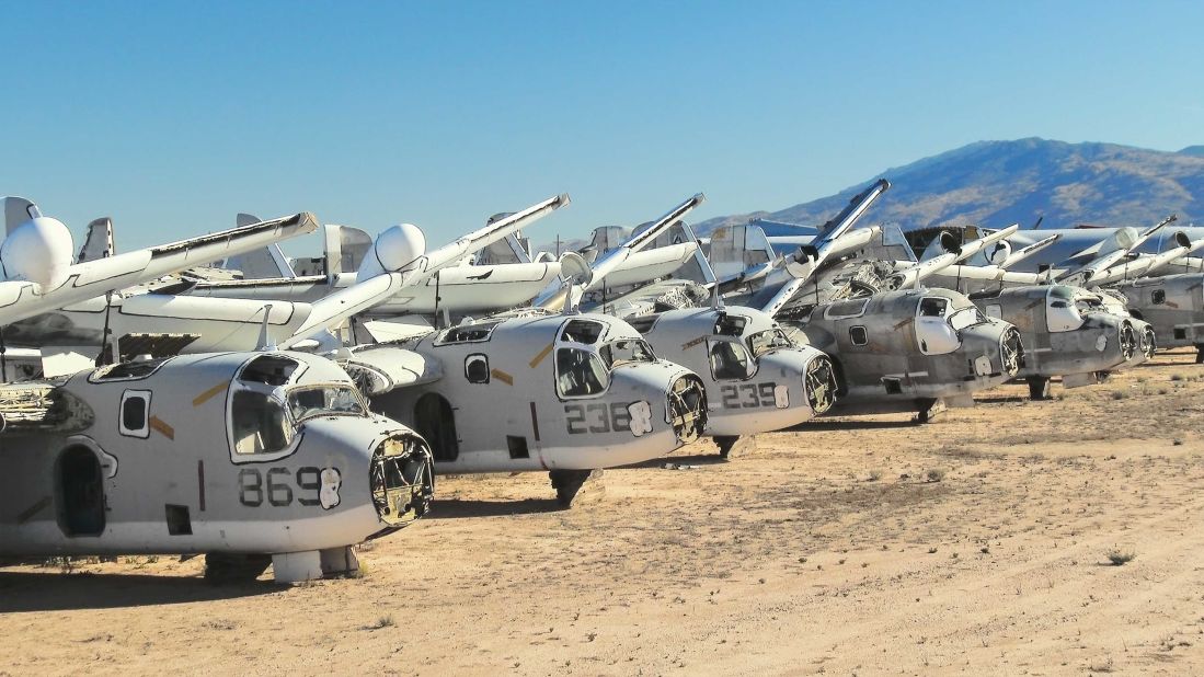 <strong>S-2 Tracker Storage Area, Davis-Monthan AFB, Tucson, Arizona, USA:</strong> Tuscon has a dry climate and alkali soil, which makes for the perfect conditions for storing aircraft. 