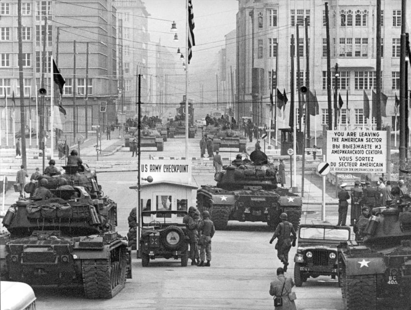 Soviet and American tanks face off at the border crossing known as "Checkpoint Charlie," in October 1961. 