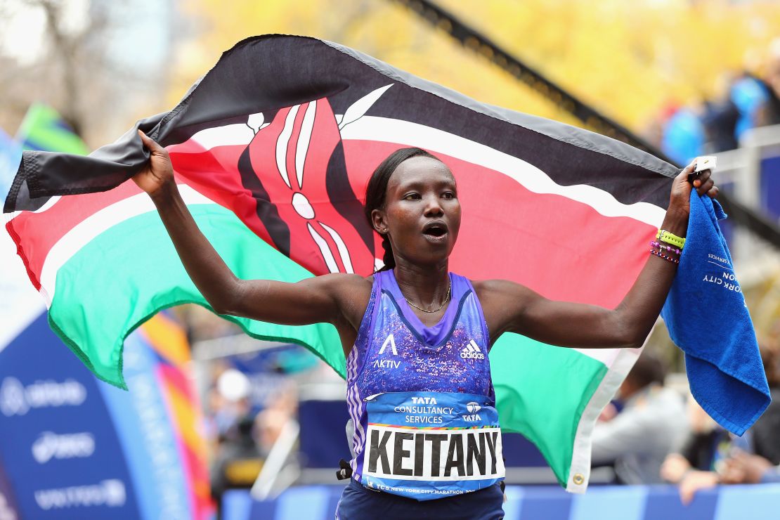 Mary Keitany of Kenya celebrates after winning the 2015 New York City Marathon.