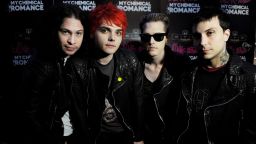 Musicians Ray Toro, Gerard Way, Mikey Way and Frank Iero of My Chemical Romance pose at a press party of announce the 2011 Honda Civic Tour featuring blink-182 and My Chemical Romance at the Rainbow Bar and Grill on May 23, 2011 in West Hollywood, California.