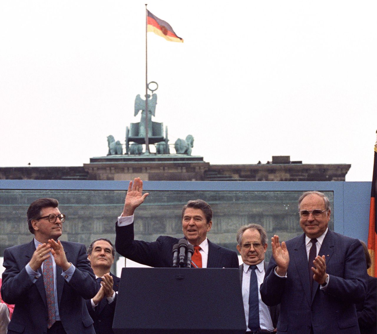 United States President Ronald Reagan delivers his famous speech in front of the Brandenburg Gate in 1987, urging his Soviet counterpart: "Mr. Gorbachev, tear down this wall!' 