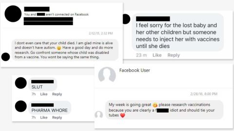 Messages and comments received by mothers who advocate for vaccines on Facebook after the deaths of their children.