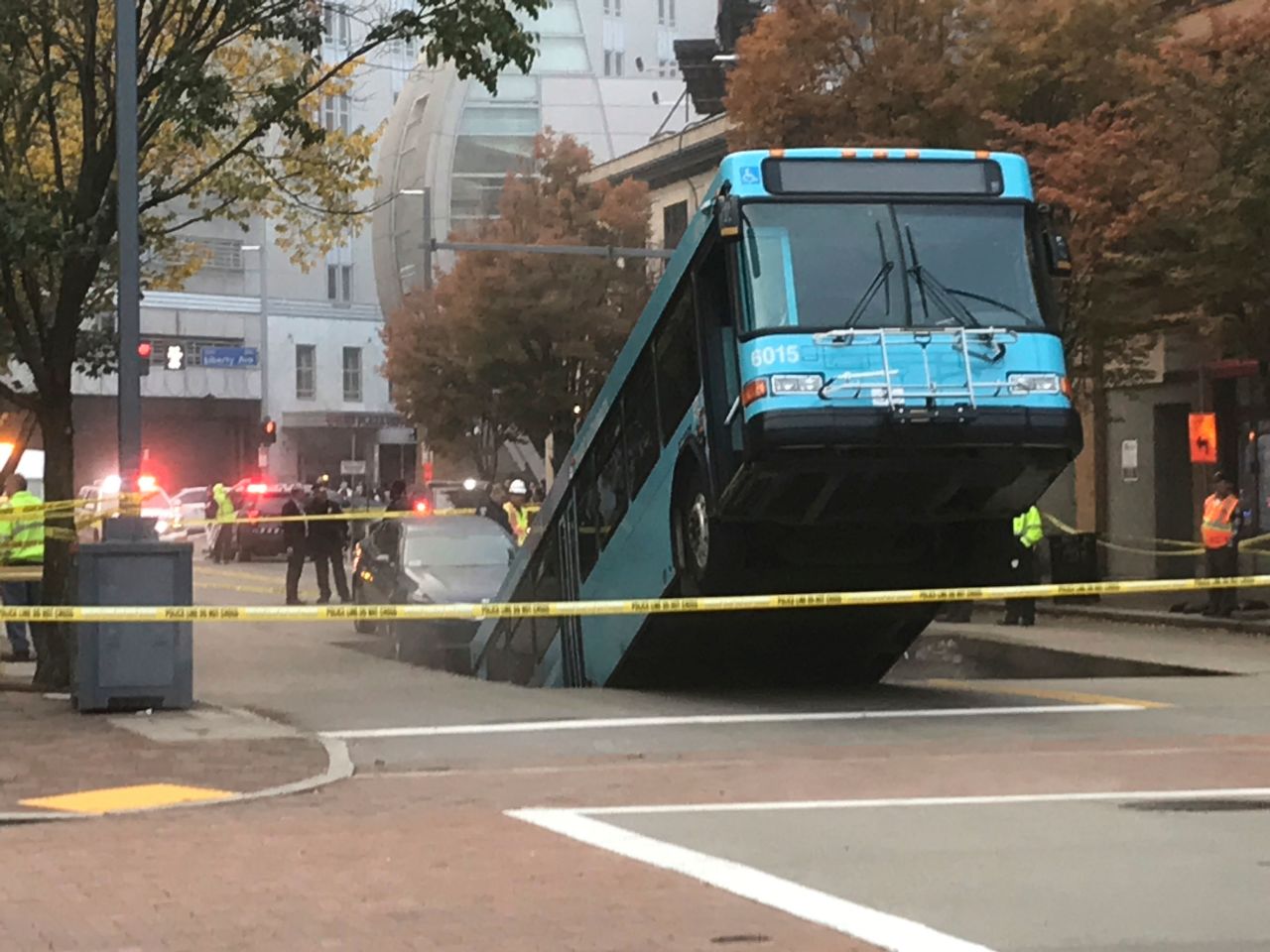A bus <a href="https://www.cnn.com/2019/10/28/us/bus-sinkhole-pittsburgh-trnd/index.html" target="_blank">fell into a sinkhole</a> in Pittsburgh on Monday, October 28. The bus was stopped at a red light when the sinkhole opened up beneath it, officials said. Only the driver and one passenger were on board at the time. Both were able to safely exit.