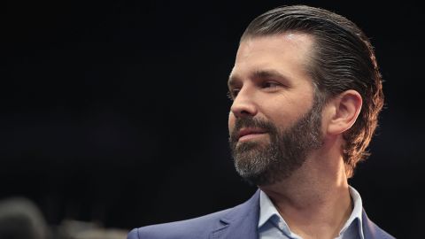 Donald Trump Jr. talks to the press before the arrival of his father President Donald Trump during a rally at the Van Andel Arena on March 28, 2019 in Grand Rapids, Michigan. Grand Rapids was the final city Trump visited during his 2016 campaign.