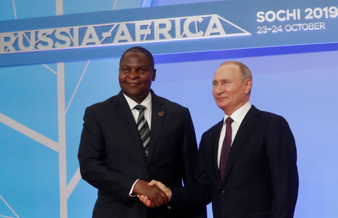 Russian President Vladimir Putin greets Central African President Faustin Archangel Touadera at the Africa Summit in Sochi.