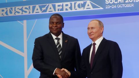 Russian President Vladimir Putin greets Central African President Faustin Archangel Touadera at the Africa Summit in Sochi.