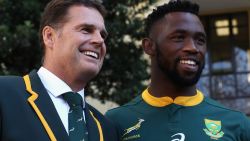 MONTECASINO, SOUTH AFRICA - JUNE 08: Siya Kolisi, the first non white, captain of the South Africa Springboks poses with head coach Rassie Erasmus during the South Africa media session held at the Pivot Hotel on June 8, 2018 in Montecasino, South Africa. (Photo by David Rogers/Getty Images)