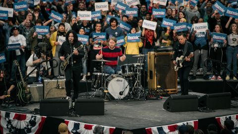 Guitarist and songwriter Jack White performs at a campaign rally for Senator (I-VT) and presidential candidate Bernie Sanders at Cass Technical High School on October 27, 2019 in Detroit, Michigan. 