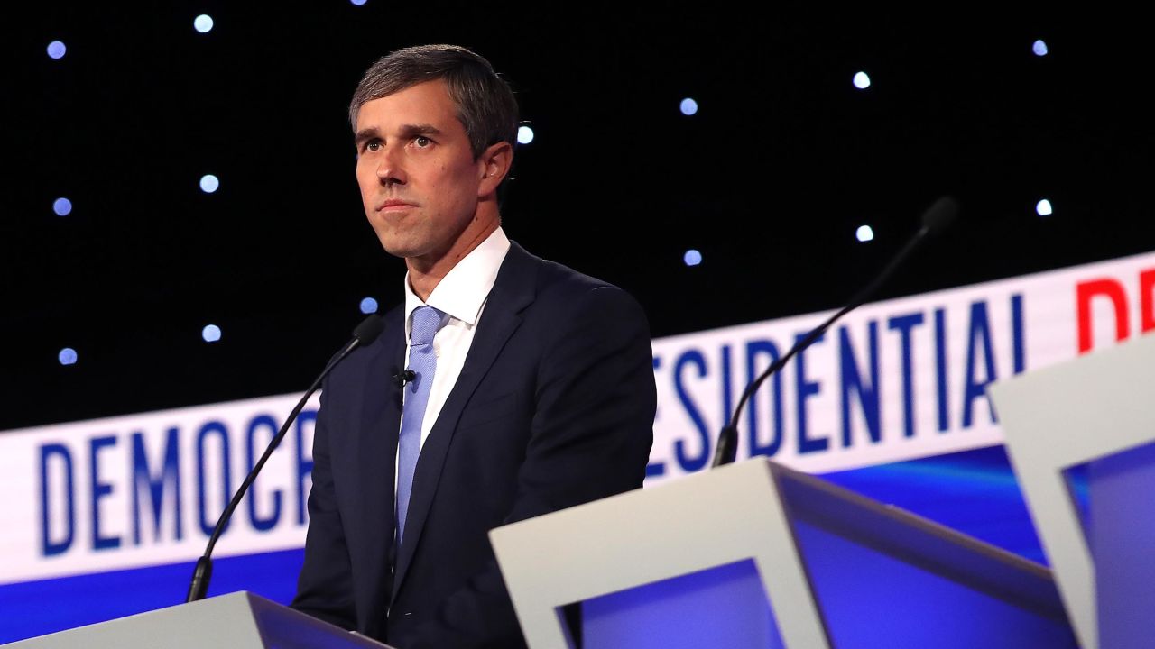 Former Texas congressman Beto O'Rourke looks on during a break at the Democratic Presidential Debate at Otterbein University on October 15, 2019 in Westerville, Ohio.