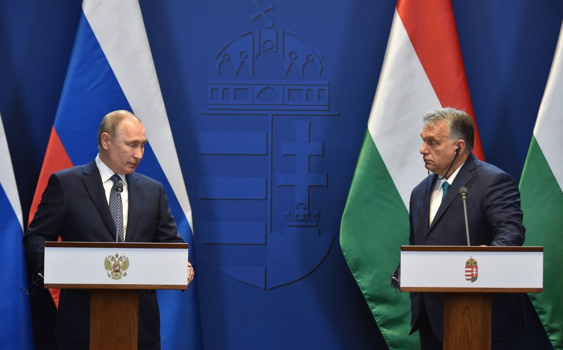 Hungarian Prime Minister Viktor Orban and Russian President Vladimir Putin at a press conference in Budapest on October 30.