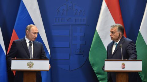 Hungarian Prime Minister Viktor Orban and Russian President Vladimir Putin at a press conference in Budapest on October 30.