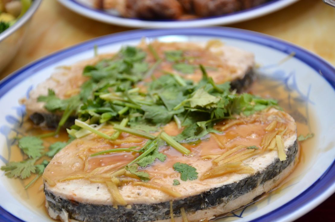 A Chinese "fish" dish made from vegetarian ingredients, including a faux fish skin.