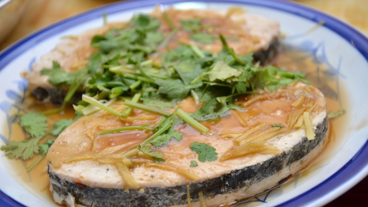 A Chinese "fish" dish made from vegetarian ingredients, including a faux fish skin.