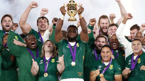 South Africa's Siya Kolisi celebrates with the Webb Ellis trophy after the Springboks' Rugby World Cup final victory over England.