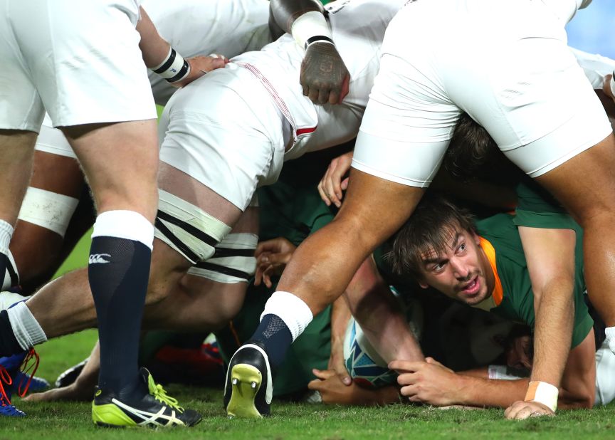 Eben Etzebeth of South Africa looks on from the bottom of the scrum. The Springboks ran away with the game in the second half after scoring two tries.