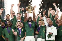 Springbok captain Siya Kolisi lifts the Webb Ellis Cup the Rugby World Cup 2019 Final match between England and South Africa.