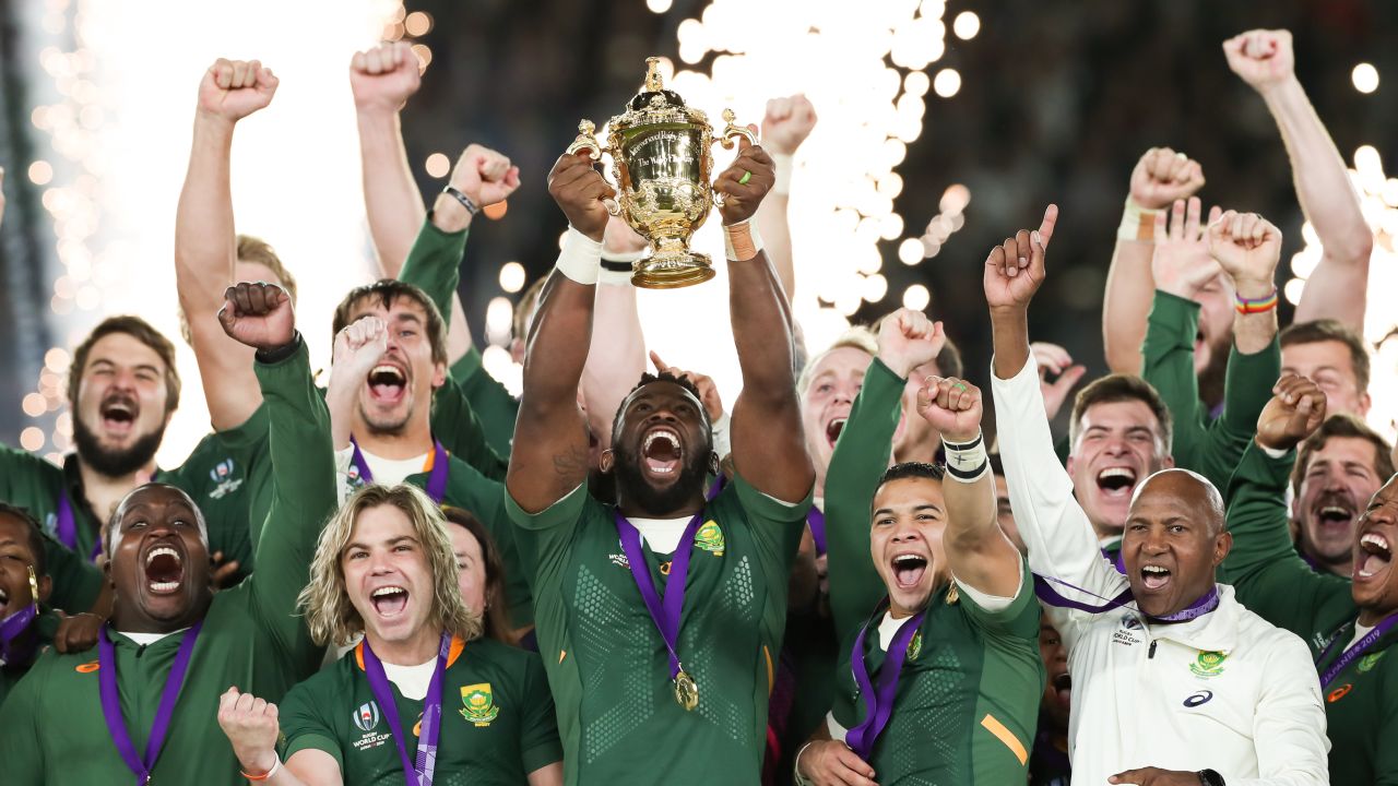 Springbok captain Siya Kolisi lifts the Webb Ellis Cup the Rugby World Cup 2019 Final match between England and South Africa.