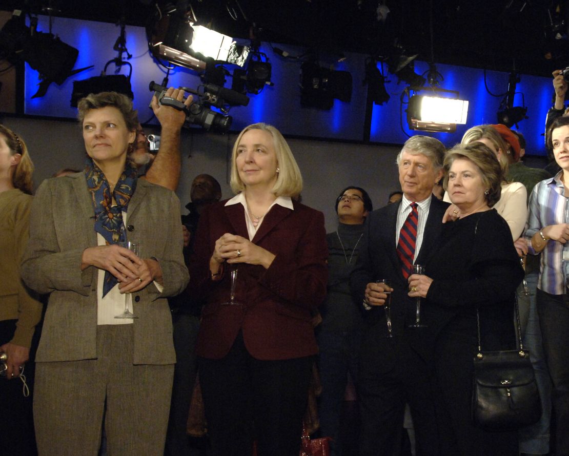 Ted Koppel, second from right, and his wife Grace Anne Dorney Koppel, right, attend a celebration for Koppel's 42-year career with ABC News on November 22, 2005.