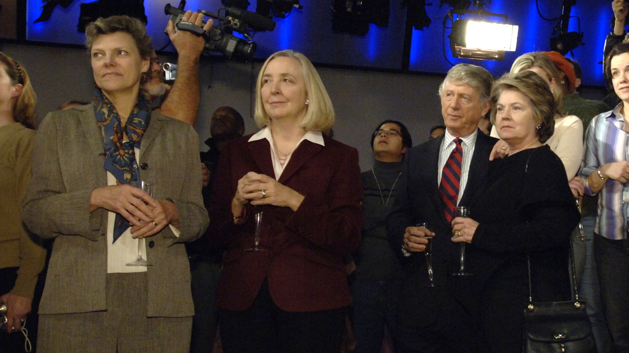 Ted Koppel, second from right, and his wife Grace Anne Dorney Koppel, right, attend a celebration for Koppel's 42-year career with ABC News on November 22, 2005.