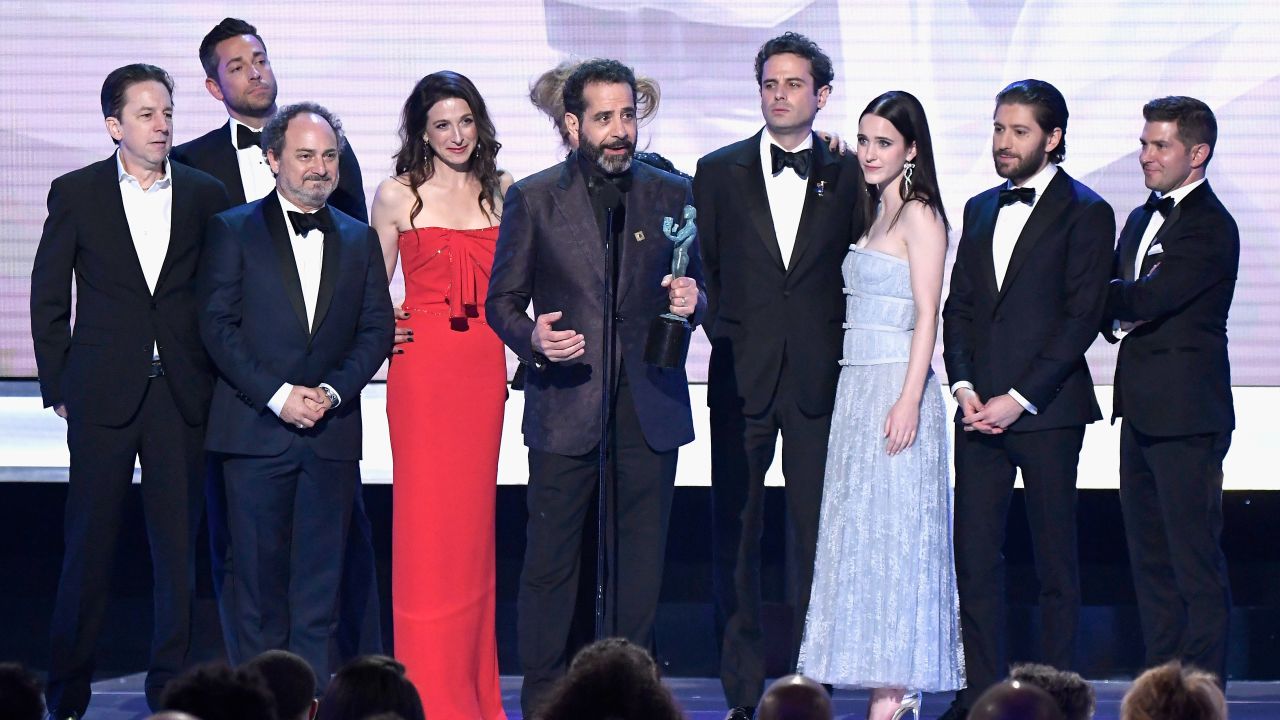 Brian Tarantina, far left, and the rest of "The Marvelous Mrs Maisel" cast accept a Screen Actors Guild award at The Shrine Auditorium in Los Angeles in January.