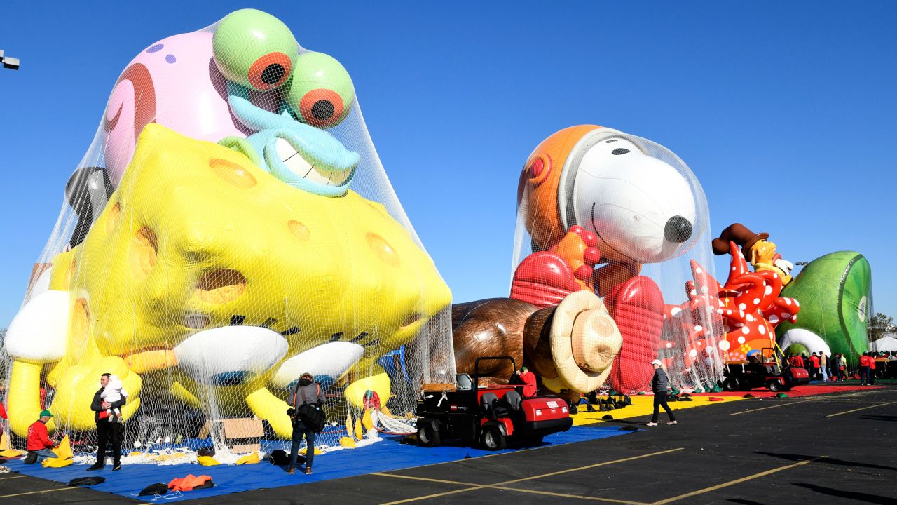 The balloons are seen being inflated as Macy's unveils new balloons for the 93rd annual Macy's Thanksgiving Day Parade.