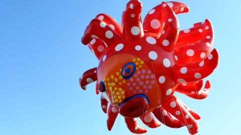 Love Flies up to the Sky by Yayoi Kusama is seen as Macy's unveils new balloons for the 93rd annual Macy's Thanksgiving Day Parade on November 2 in East Rutherford, New Jersey.