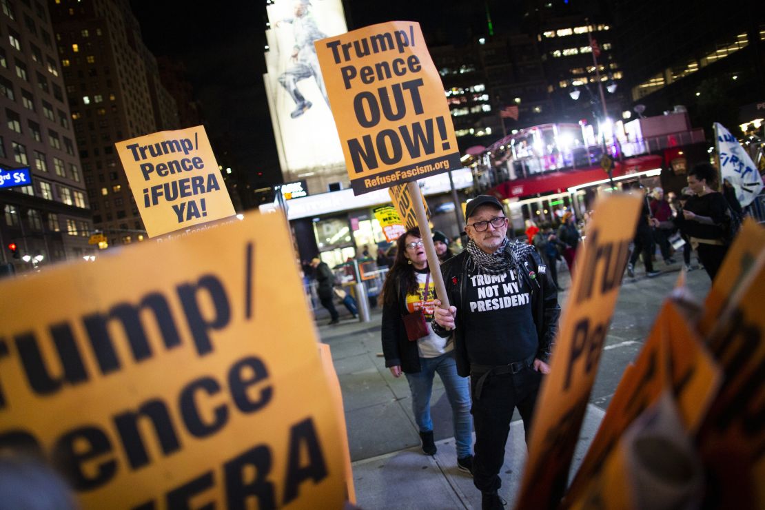 People take part in a protest against President Donald Trump and his administration policies at Madison Square Garden on Saturday, Nov. 2, 2019, in New York. (AP Photo/Eduardo Munoz Alvarez)