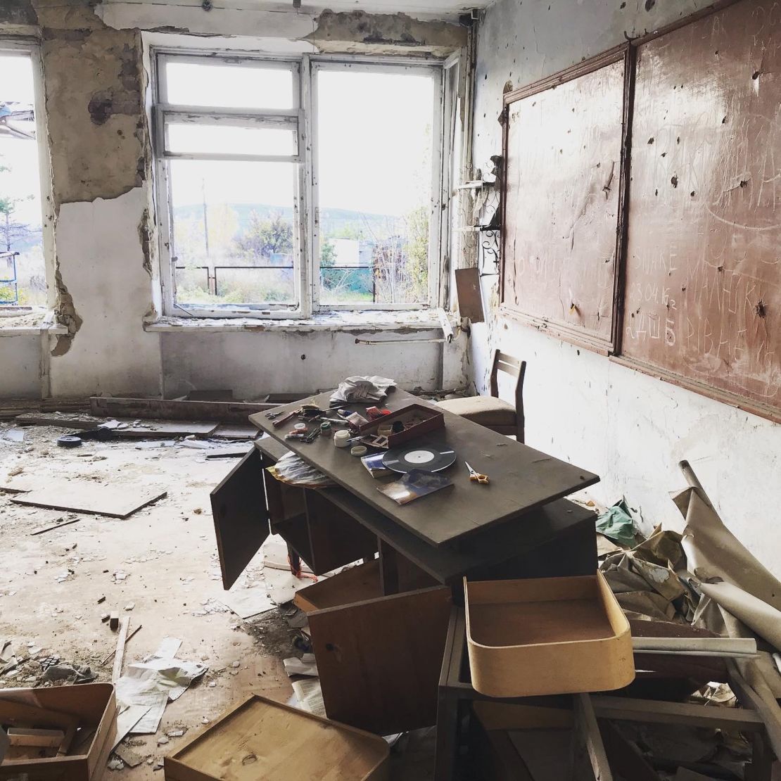 A schoolroom in Shyrokyne, a village abandoned by its residents after it was hit by artillery at the start of the war.