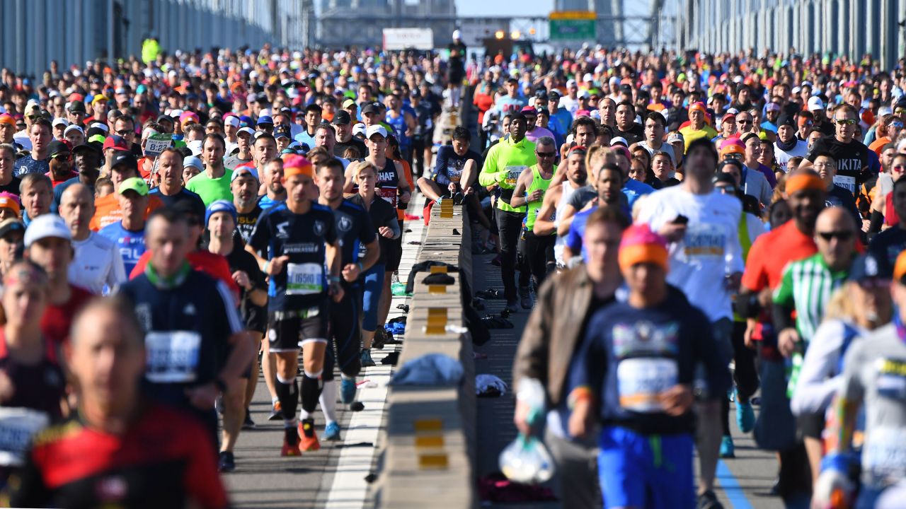 Runners cross the Verrazano Narrow Bridge during the 2019 TCS New York City Marathon in New York on November 3, 2019. 