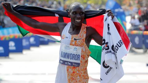 Kenya's Geoffrey Kamworor celebrates winning the NYC Marathon on Sunday.