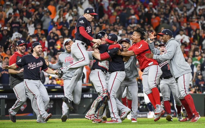 The Washington Nationals celebrate after winning the World Series on Wednesday, October 30. The Nationals defeated the Houston Astros 6-2 to win Game 7 and <a href="index.php?page=&url=https%3A%2F%2Fwww.cnn.com%2F2019%2F10%2F30%2Fsport%2Fworld-series-game-7%2Findex.html" target="_blank">their first title in franchise history</a>.