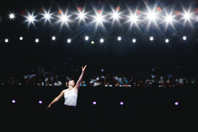 Ukraine's Elina Svitolina serves in the Women's Singles final match against Australia's Ashleigh Barty during the Women's Tennis Association Finals in Shenzhen, China on Sunday, November 3. <a href="index.php?page=&url=https%3A%2F%2Fwww.cnn.com%2F2019%2F11%2F03%2Ftennis%2Frichest-prize-in-tennis-barty-svitolina-spt-intl%2Findex.html" target="_blank">Barty won the match</a>.<br />