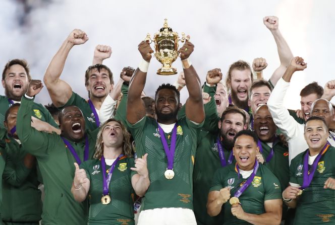 South Africa's rugby team celebrates<a href="index.php?page=&url=https%3A%2F%2Fwww.cnn.com%2F2019%2F11%2F02%2Fsport%2Fengland-south-africa-rugby-world-cup-final-spt-intl%2Findex.html" target="_blank"> winning the Rugby World Cup Final </a>against England on Saturday, November 2. <a href="index.php?page=&url=https%3A%2F%2Fwww.cnn.com%2F2019%2F09%2F25%2Fsport%2Fgallery%2F2019-rugby-world-cup%2Findex.html" target="_blank">See more photos from the Rugby World Cup</a>