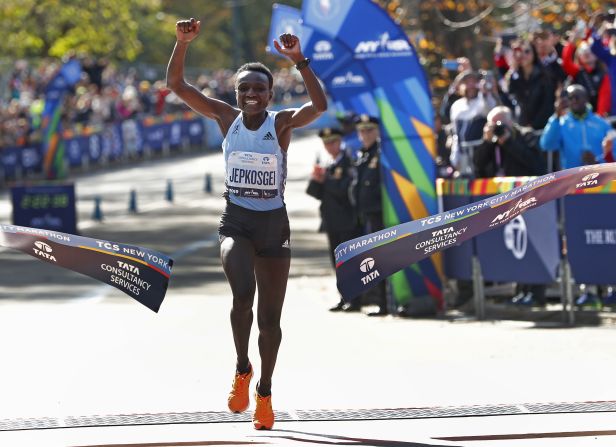 Joyciline Jepkosgei of Kenya crosses the finish line to <a href="index.php?page=&url=https%3A%2F%2Fwww.cnn.com%2F2019%2F11%2F03%2Fus%2Fnyc-marathon-winners-2019-trnd%2Findex.html" target="_blank">win the women's division of the New York City marathon</a> in Manhattan on Sunday, November 3. Jepkosgei's unofficial time of two hours, 22 minutes and 38 seconds makes her win the second-fastest ever in the women's open division, according to the New York City Marathon. 