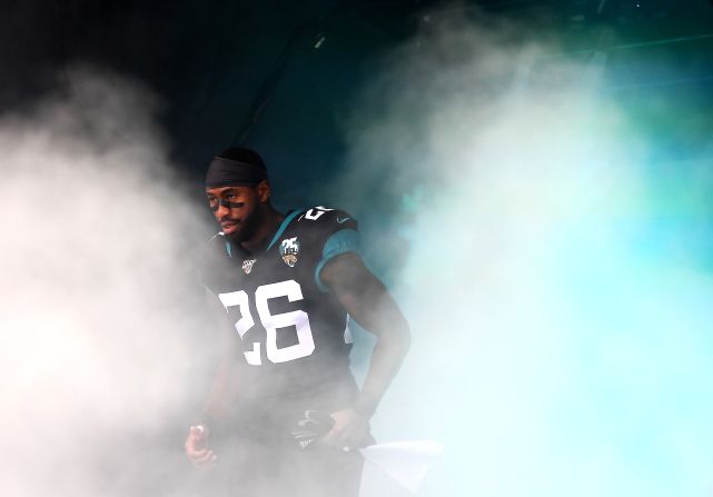 Jacksonville Jaguars safety Jarrod Wilson runs on field before a game against the Houston Texans at Wembley Stadium in London, England, on Sunday, November 3.